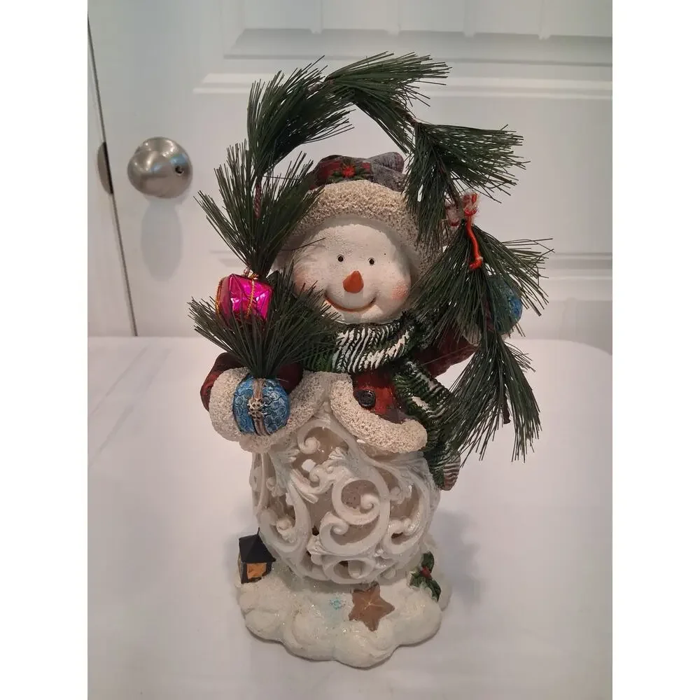 Light Up Resin Snowman Figurine Christmas Luminary Holiday Scrollwork Decoration